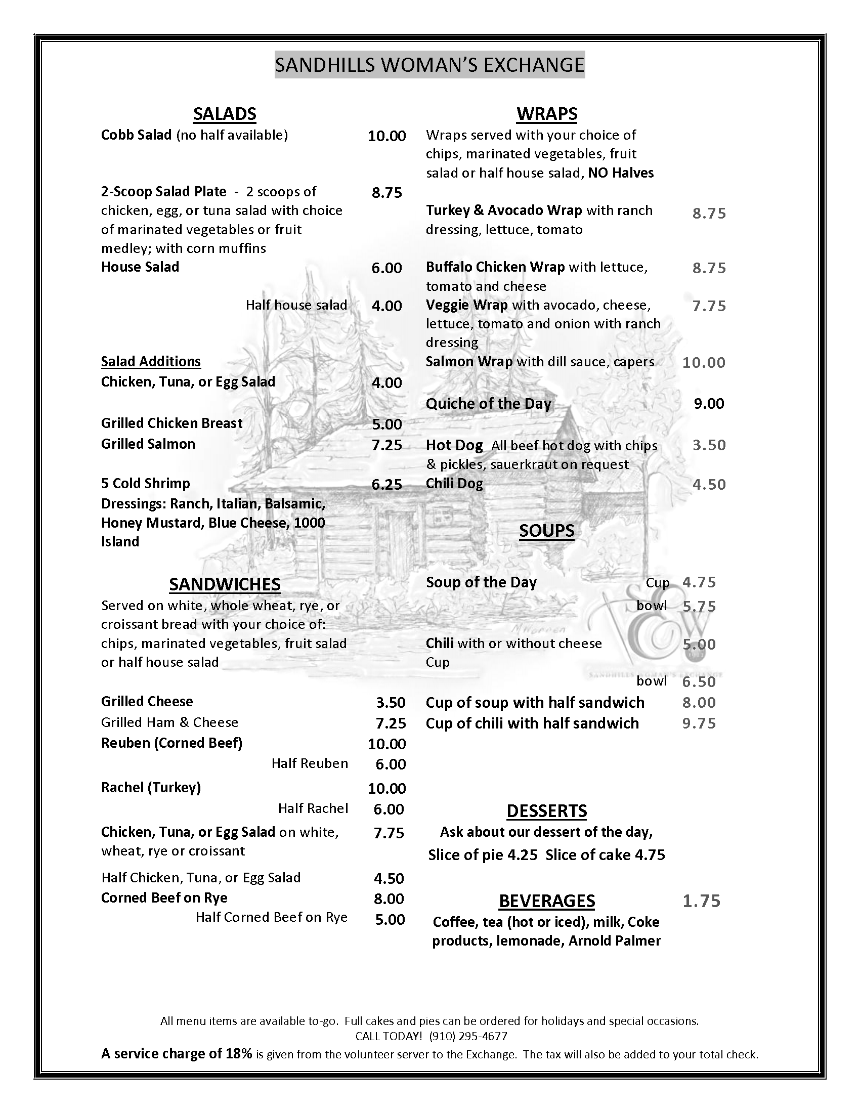 Sandhills Woman's Excahnge Menu