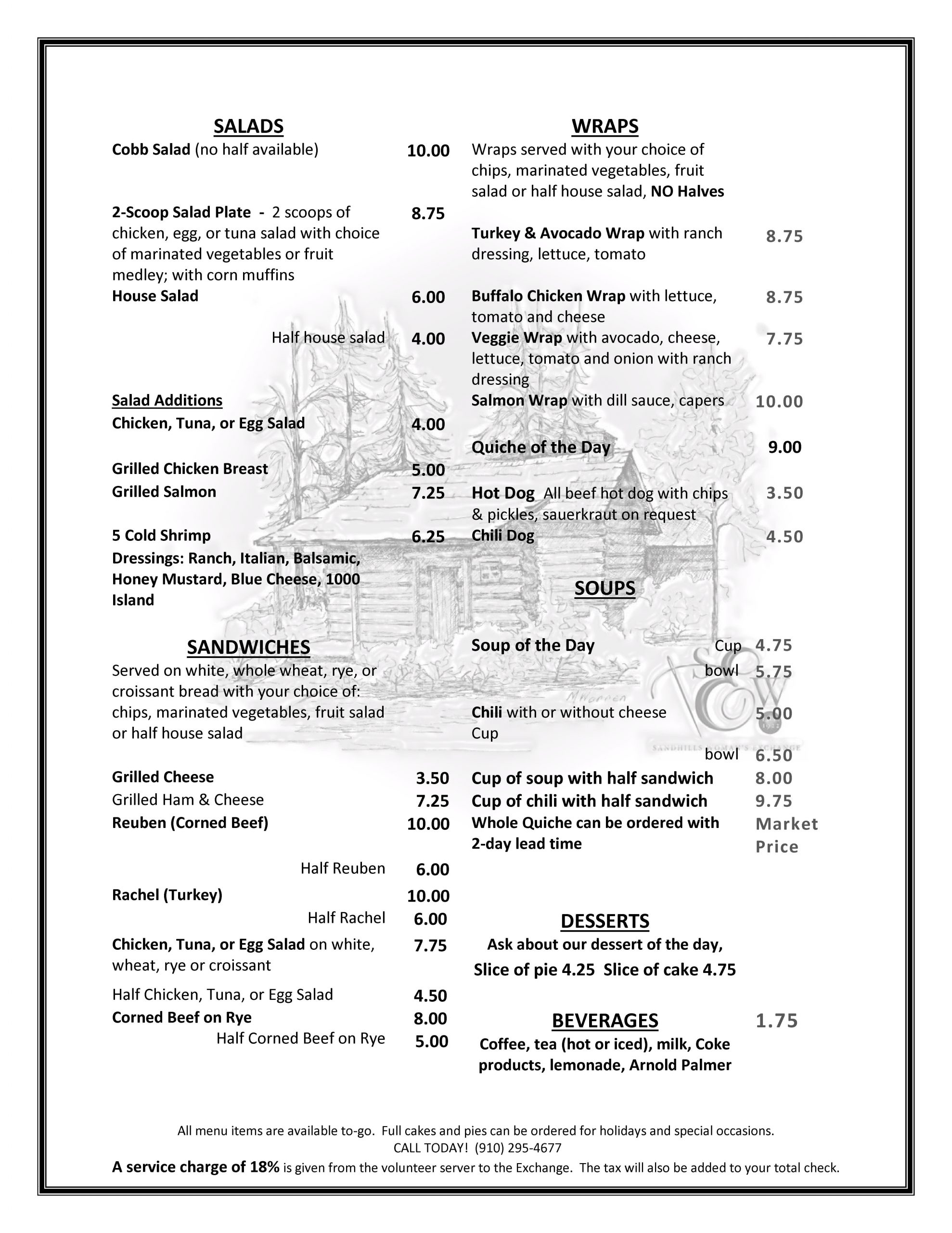 Sandhills Woman's Exchange Menu