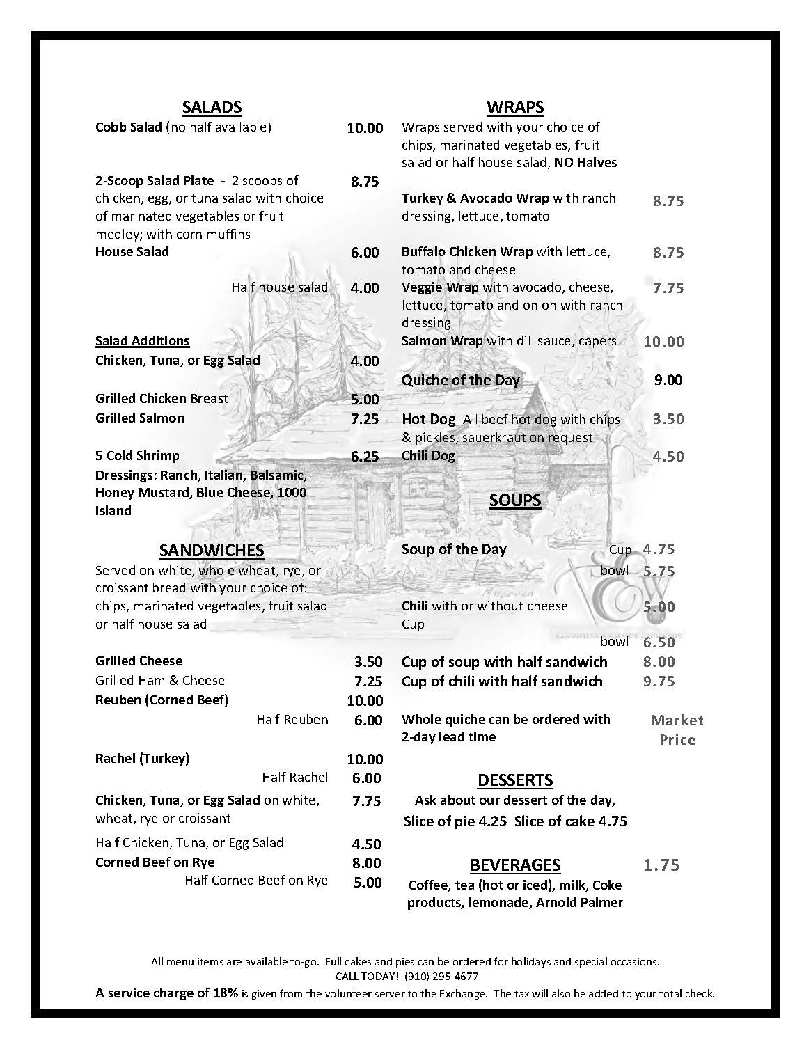 Sandhills Woman's Exchange Menu