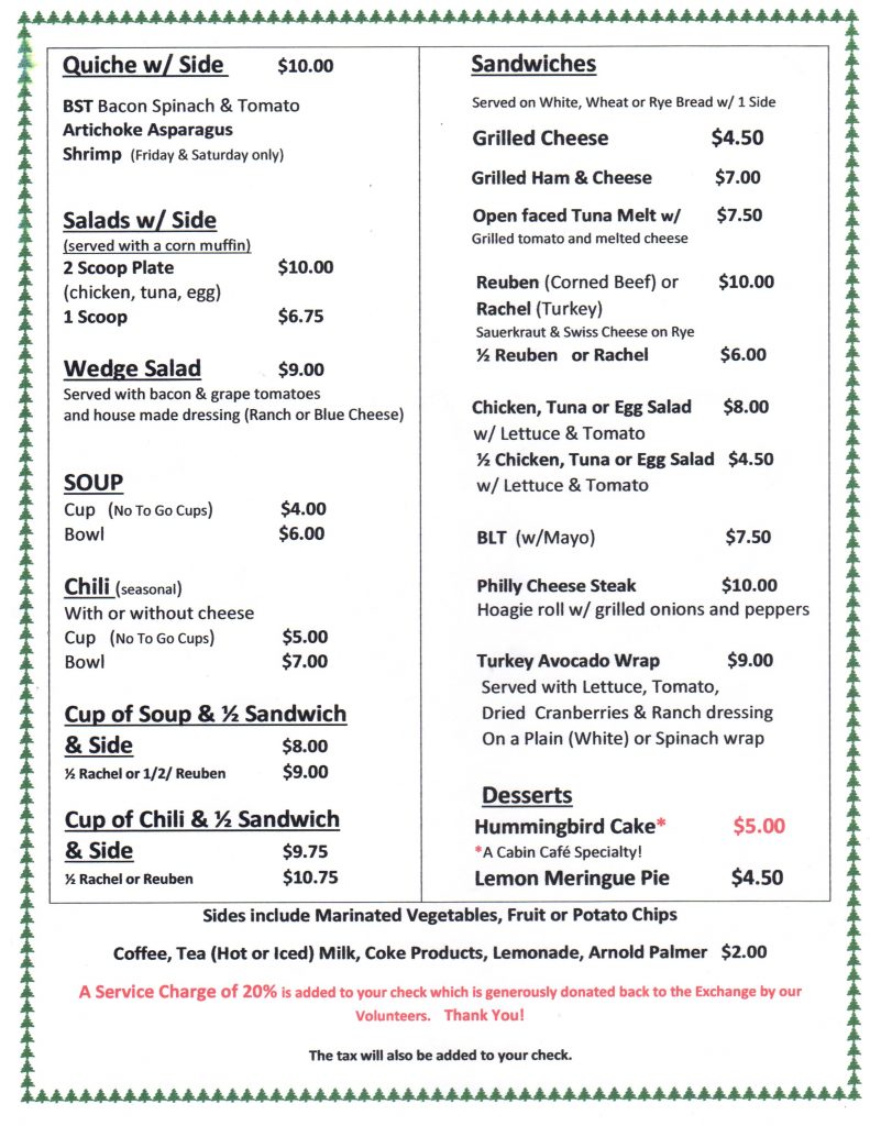 Cabin Cafe Menu - Sandhills Woman's Exchange